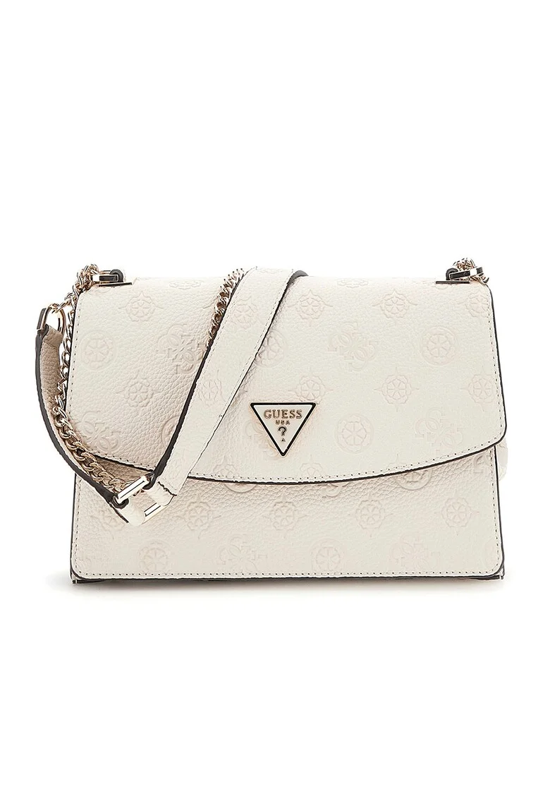 Geanta crossbody cu clapa si model in relief, Crem