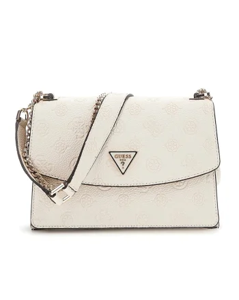Geanta crossbody cu clapa si model in relief, Crem