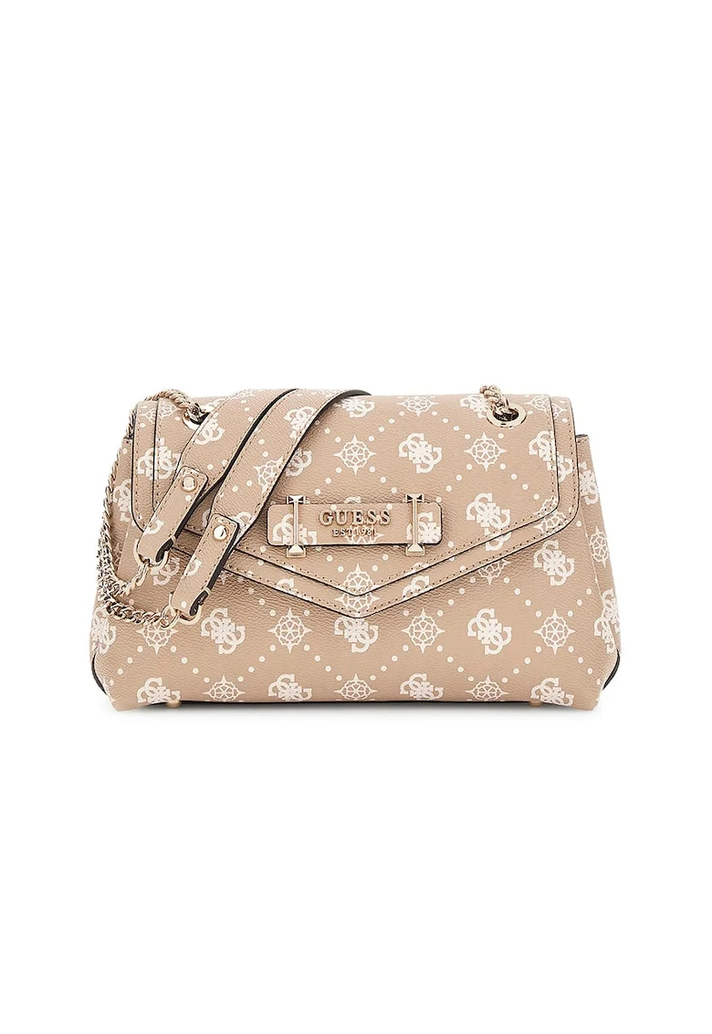 Geanta crossbody cu model monograma, Maro nisip/Alb murdar