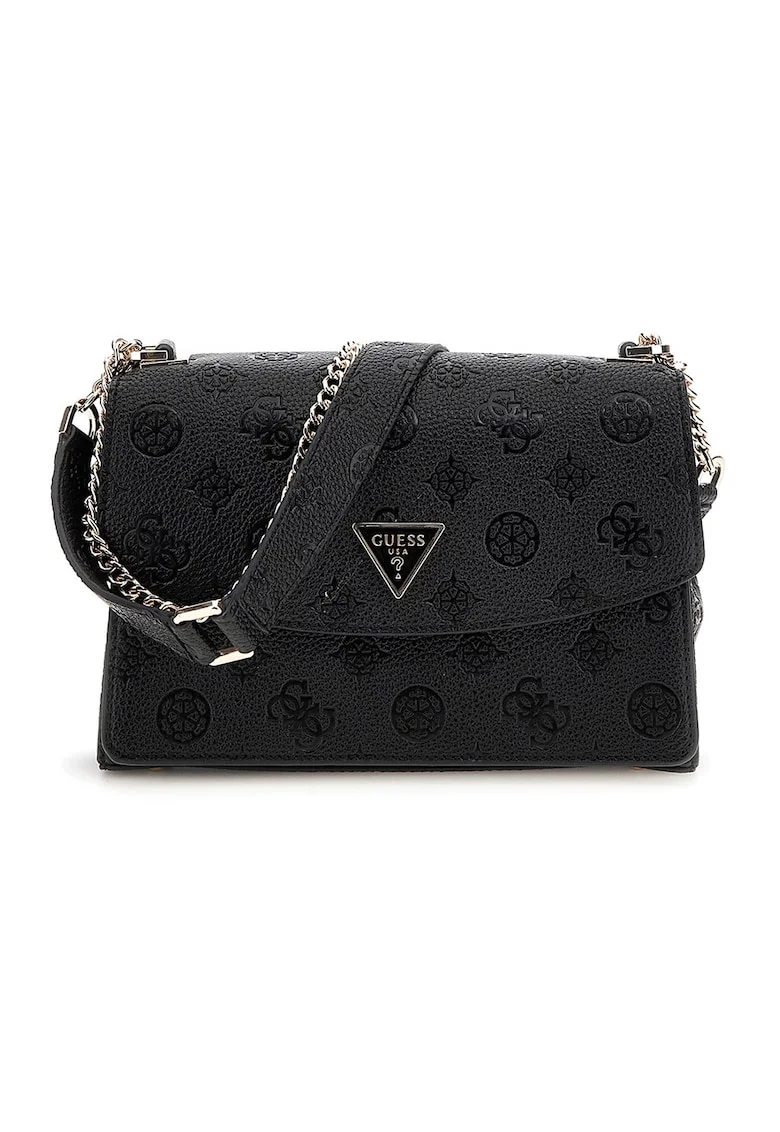 Geanta crossbody cu clapa si model in relief, Negru