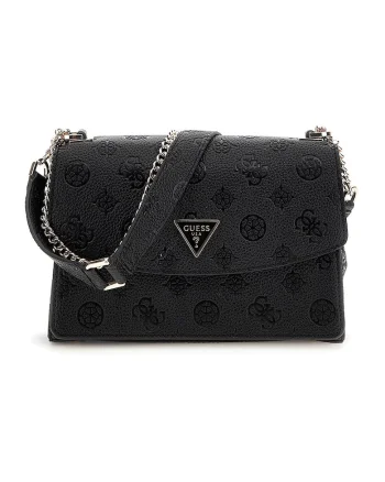 Geanta crossbody cu clapa si model in relief, Negru