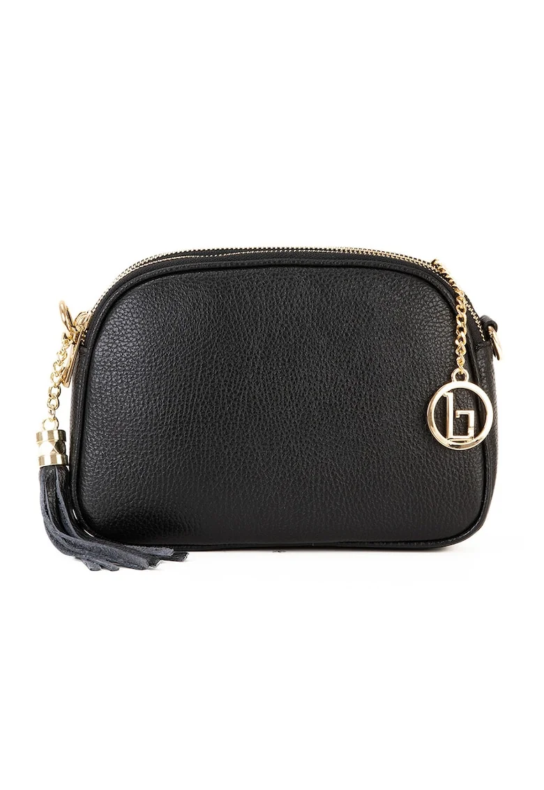 Geanta crossbody de piele cu buzunar cu fermoar, Negru