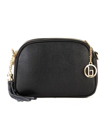 Geanta crossbody de piele cu buzunar cu fermoar, Negru