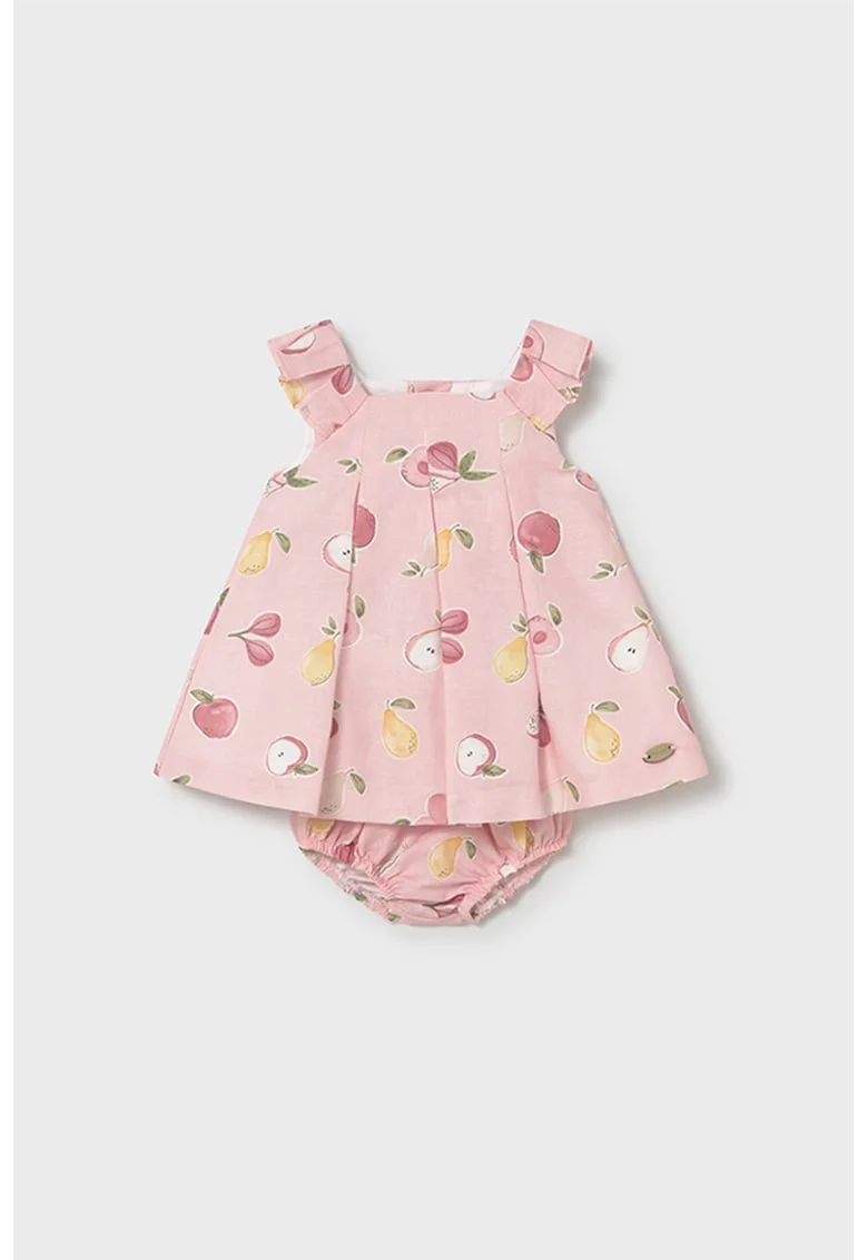 Set de rochie din amestec de in cu model si chiloti - 2 piese, Roz pastel