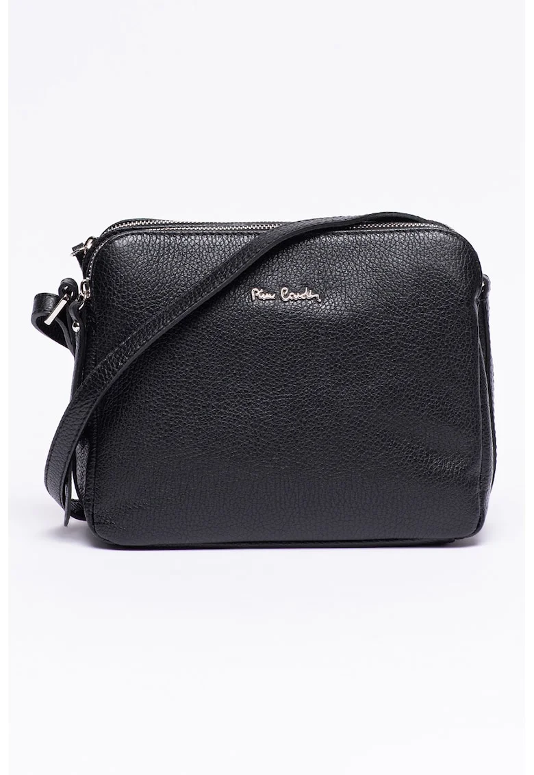 Geanta crossbody de piele cu doua compartimente, Negru
