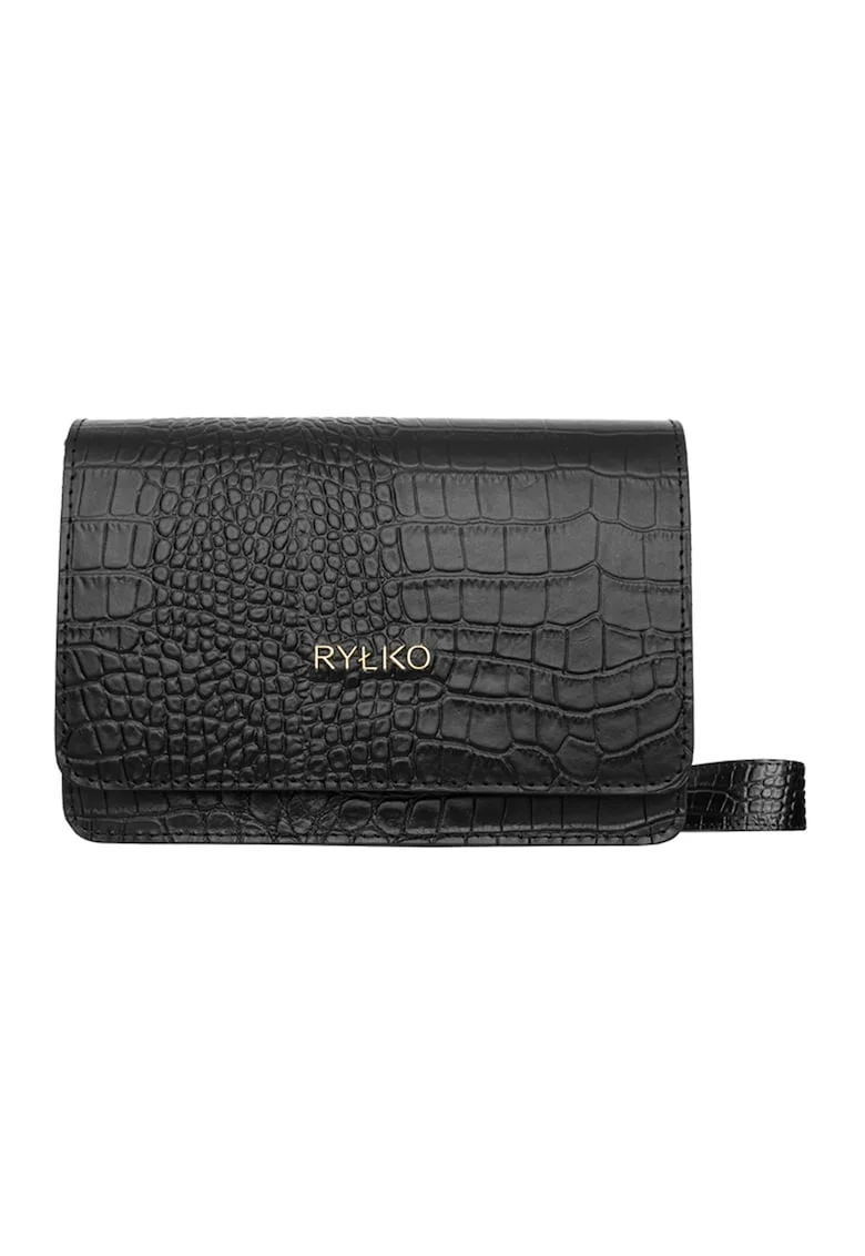 Geanta crossbody de piele cu aspect de piele de crocodil, Negru