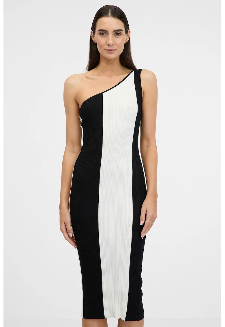 Rochie midi bodycon cu decolteu oe un umar, Alb/Negru