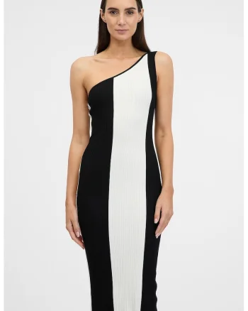 Rochie midi bodycon cu decolteu oe un umar, Alb/Negru