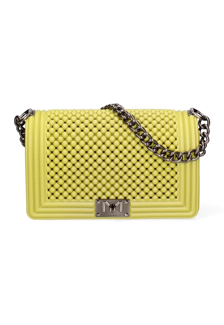 Geanta crossbody cu clapa si maner din lant, Galben/Argintiu