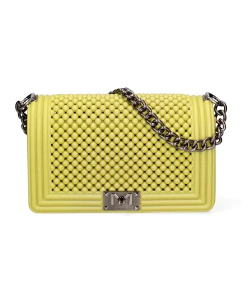 Geanta crossbody cu clapa si maner din lant, Galben/Argintiu