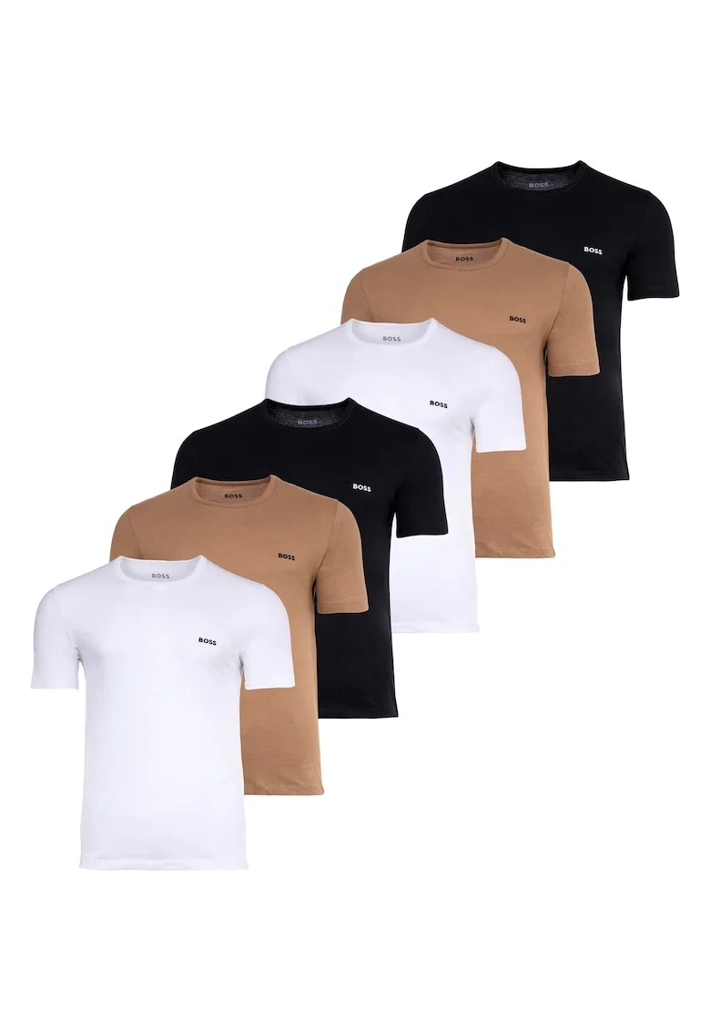 Set de tricouri cu decolteu rotund - 6 piese, Alb/Negru/Maro deschis