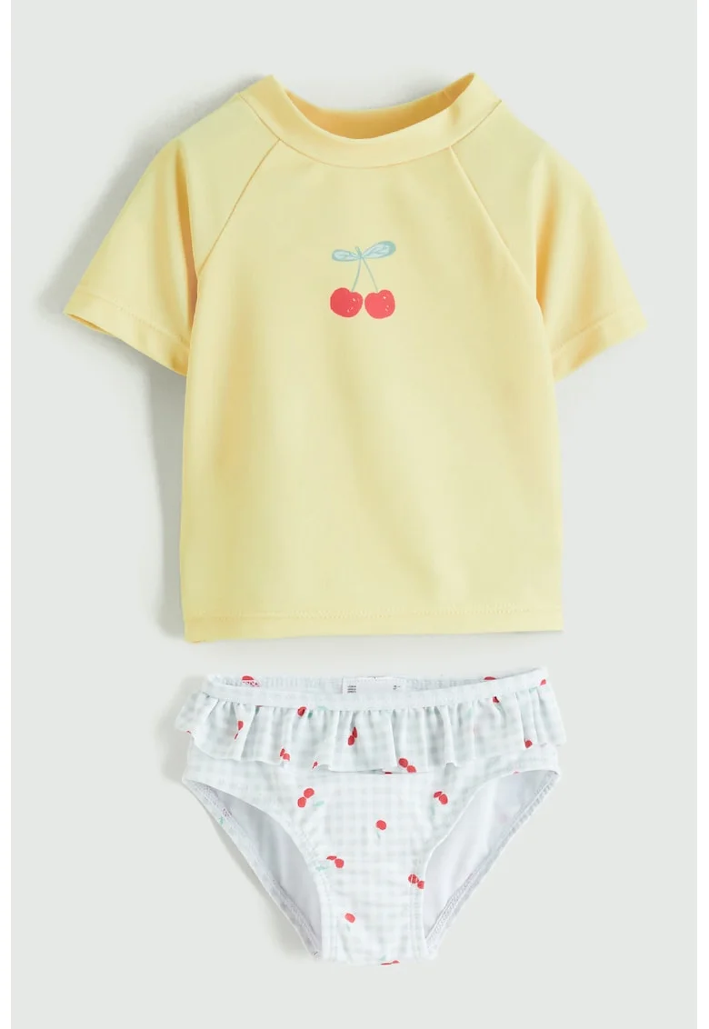 Set de tricou cu imprimeu cu cirse si chiloti - 2 piese, Alb/Galben pal