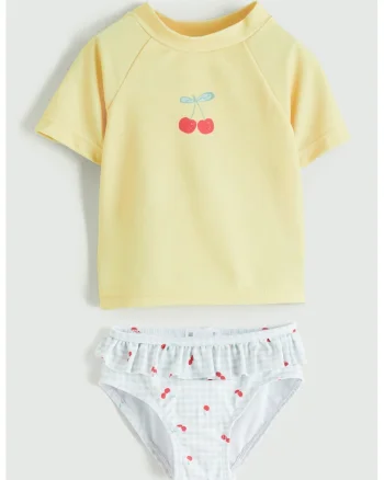 Set de tricou cu imprimeu cu cirse si chiloti - 2 piese, Alb/Galben pal