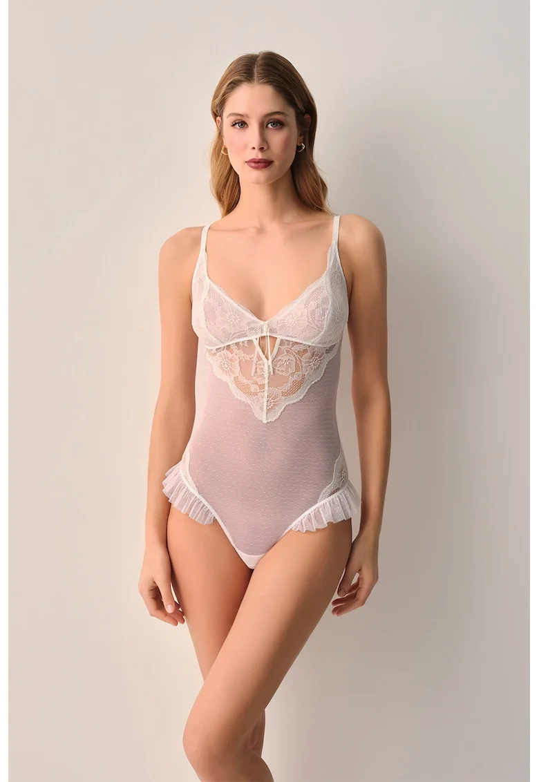 Body semitransparent cu dantela, Alb murdar