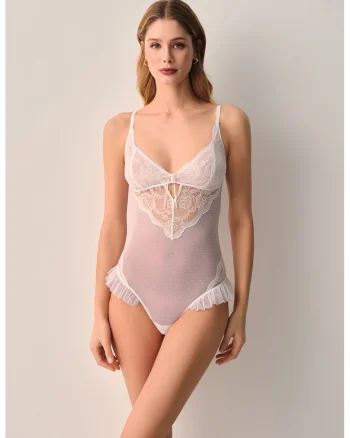 Body semitransparent cu dantela, Alb murdar