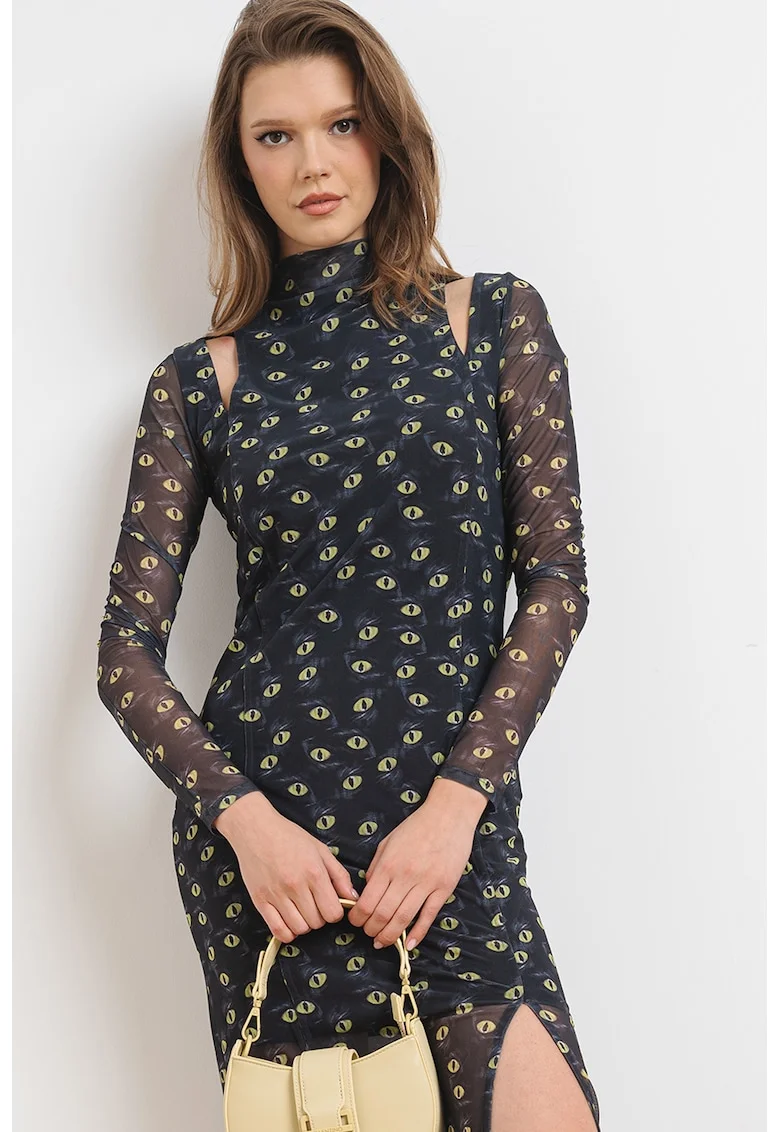 Rochie bodycon cu imprimeu si decupaje Noslin, Gri carbune/Verde lime