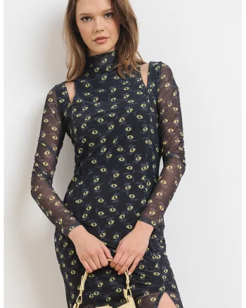 Rochie bodycon cu imprimeu si decupaje Noslin, Gri carbune/Verde lime