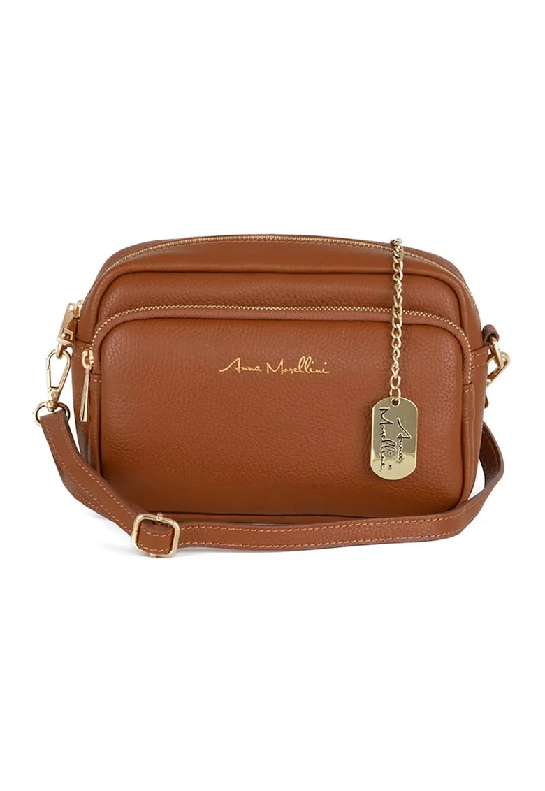 Geanta crossbody din piele cu buzunar frontal cu fermoar, Maro