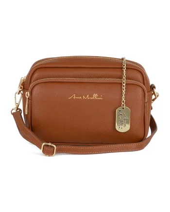 Geanta crossbody din piele cu buzunar frontal cu fermoar, Maro
