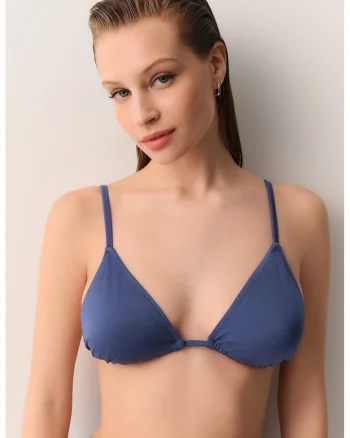 Sutien de baie cu aspect de satin si cupe triunghiulare, Albastru safir