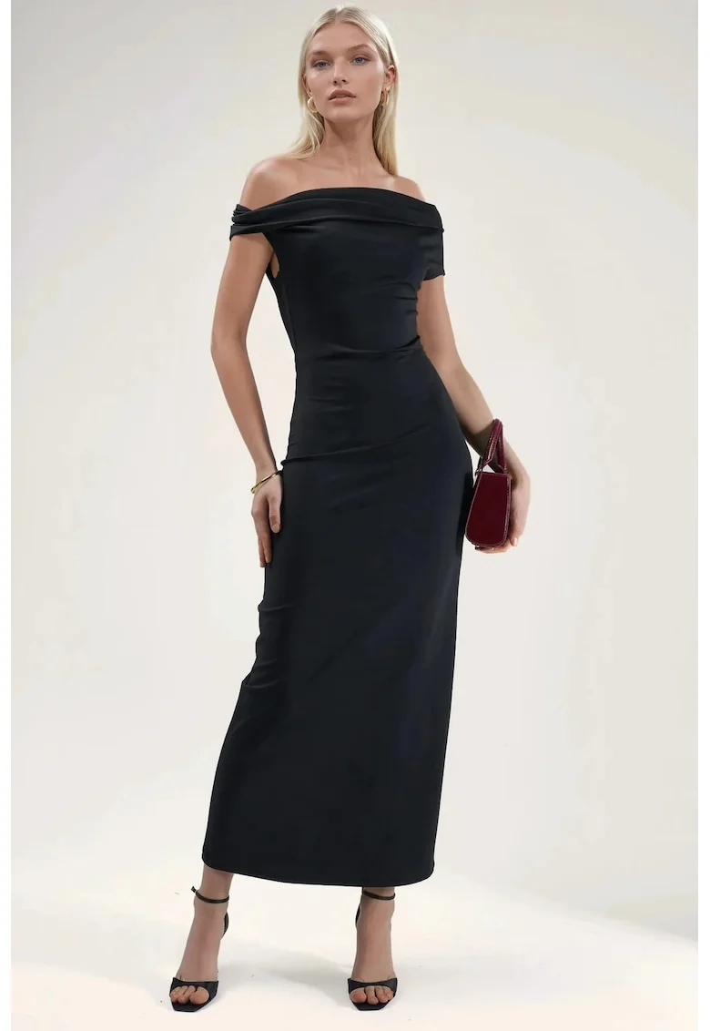 Rochie Maxi  Bodycon, Guler Asimetric, Negru, Poliester-Elastan