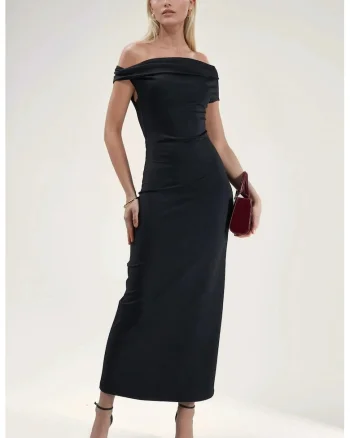 Rochie Maxi  Bodycon, Guler Asimetric, Negru, Poliester-Elastan