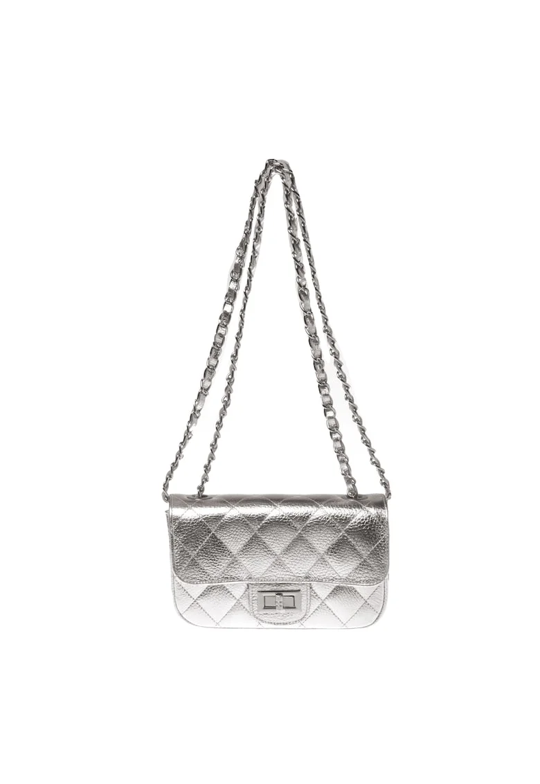 Geanta crossbody metalica din piele matlasata, Argintiu