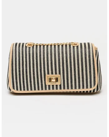 Geanta crossbody cu model in dungi Selene, Negru/Alb murdar/Bej deschis