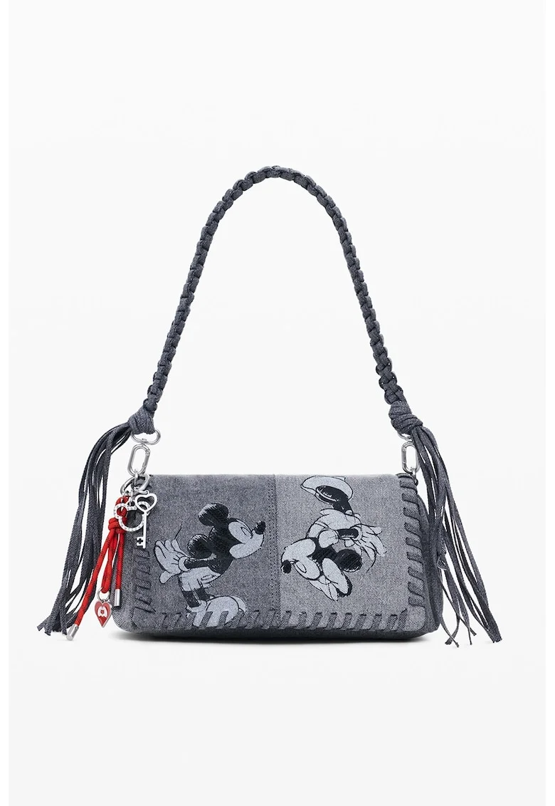 Geanta crossbody de denim cu imprimeu cu desene, Negru/Gri melange