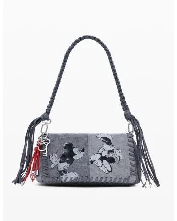 Geanta crossbody de denim cu imprimeu cu desene, Negru/Gri melange