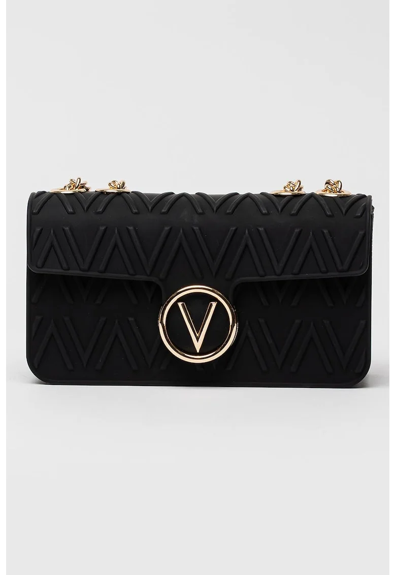 Geanta crossbody cu monograma in relief si bareta de lant, Negru