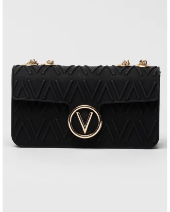 Geanta crossbody cu monograma in relief si bareta de lant, Negru