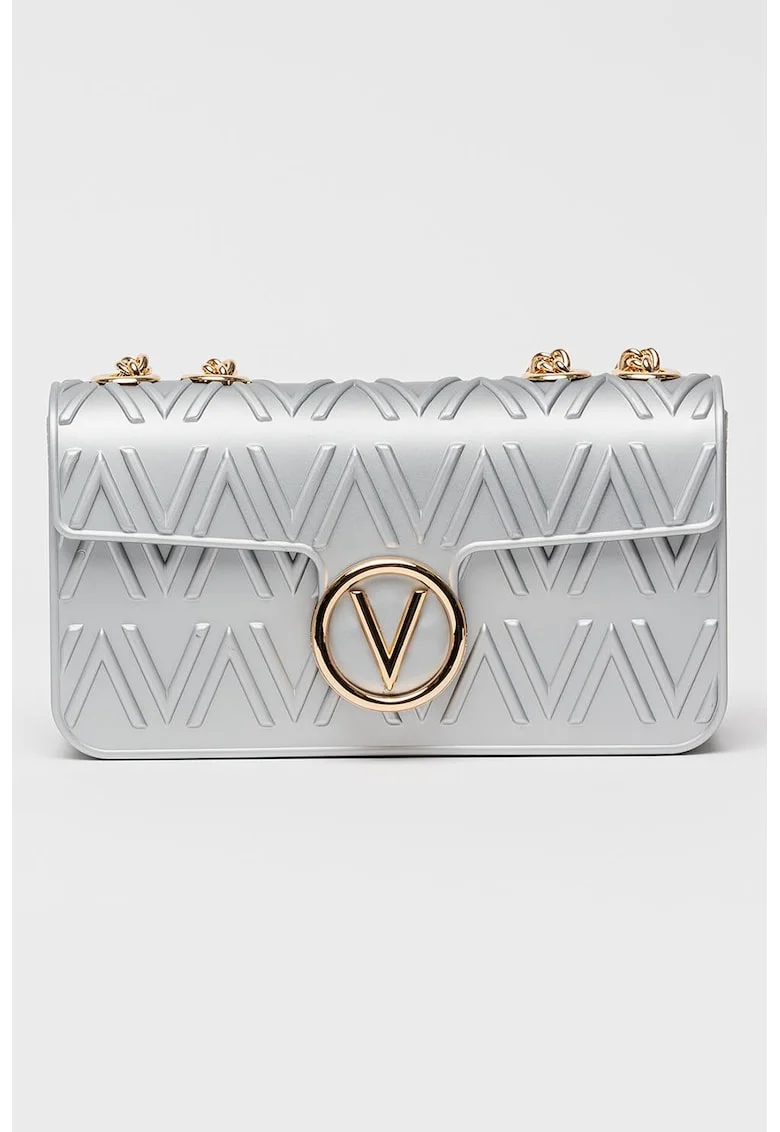 Geanta crossbody cu monograma in relief si bareta de lant, Argintiu