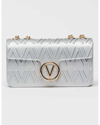 Geanta crossbody cu monograma in relief si bareta de lant, Argintiu
