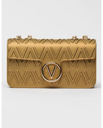 Geanta crossbody cu monograma in relief si bareta de lant, Auriu