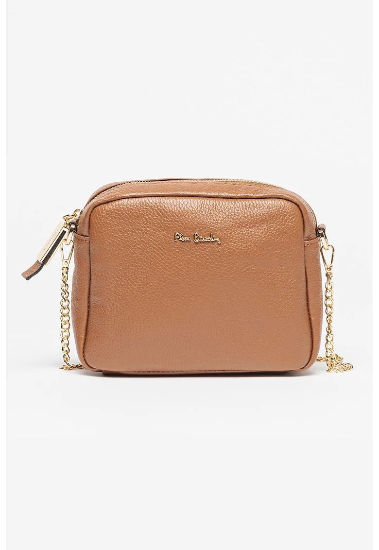 Geanta crossbody de piele cu logo, Caramel