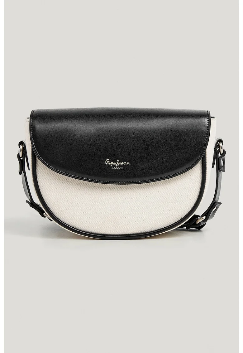 Geanta crossbody cu model in doua tonuri si clapa, Negru/Crem