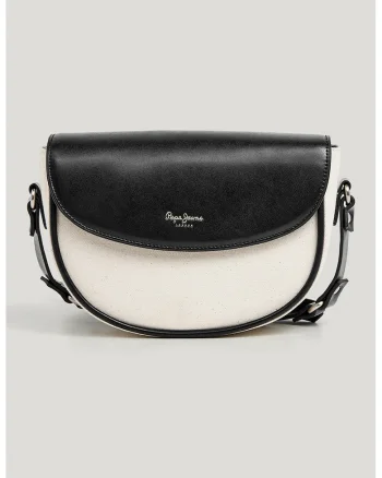 Geanta crossbody cu model in doua tonuri si clapa, Negru/Crem