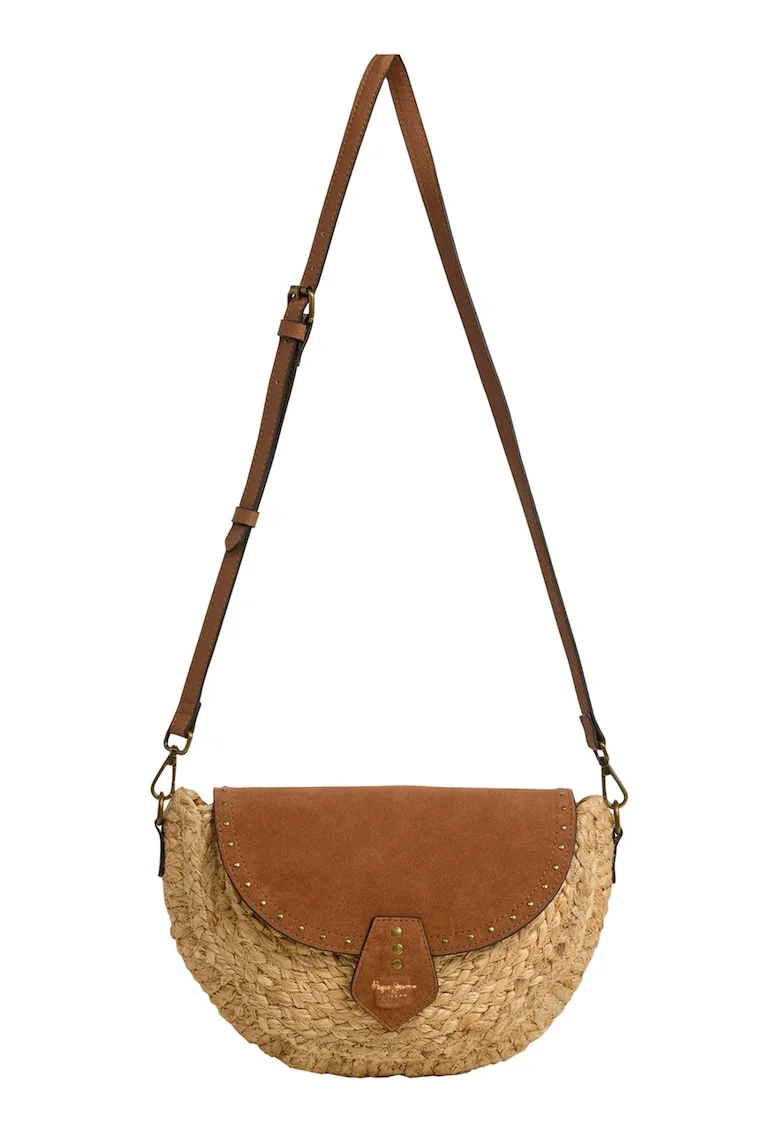 Geanta crossbody cu clapa din piele intoarsa Jute, Maro/Galben pai