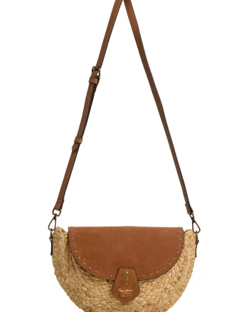 Geanta crossbody cu clapa din piele intoarsa Jute, Maro/Galben pai