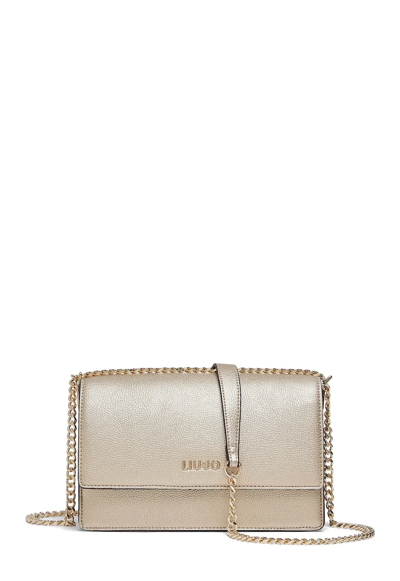 Geanta crossbody cu clapa si bareta lant, Auriu