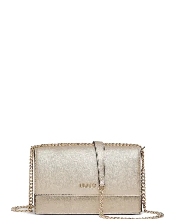 Geanta crossbody cu clapa si bareta lant, Auriu