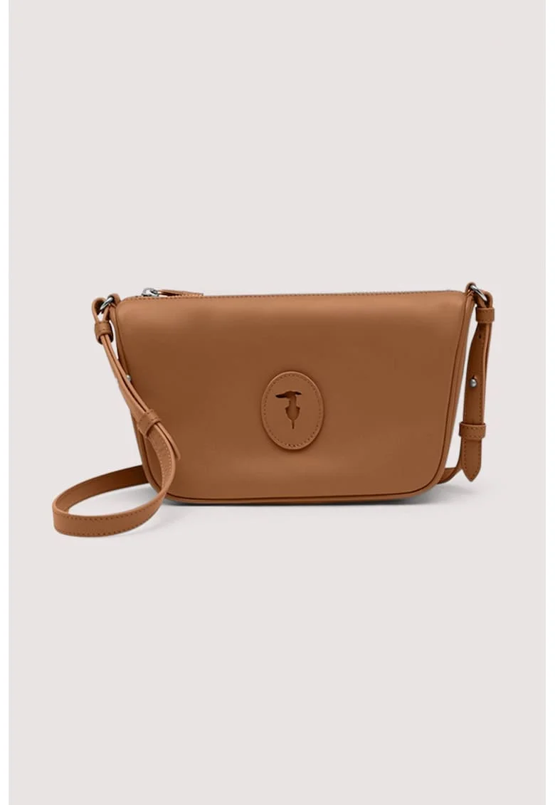 Geanta crossbody din piele cu aplicatie monograma, Maro Siena