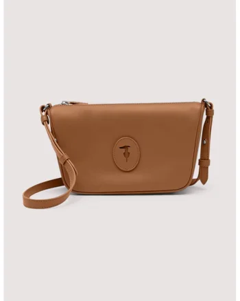 Geanta crossbody din piele cu aplicatie monograma, Maro Siena