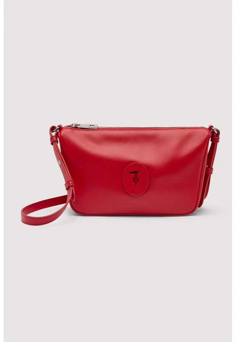 Geanta crossbody din piele cu aplicatie monograma, Rosu cireasa