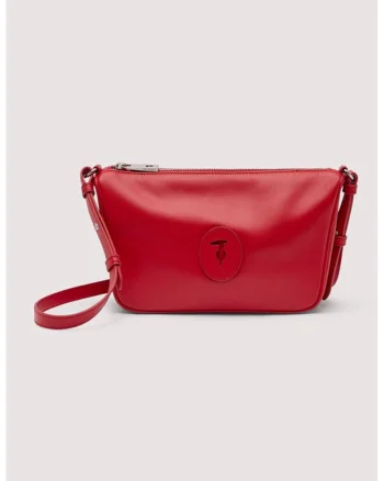 Geanta crossbody din piele cu aplicatie monograma, Rosu cireasa