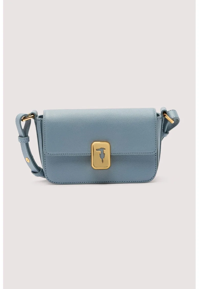 Geanta crossbody din piele cu inchidere cu clapa, Albastru prafuit