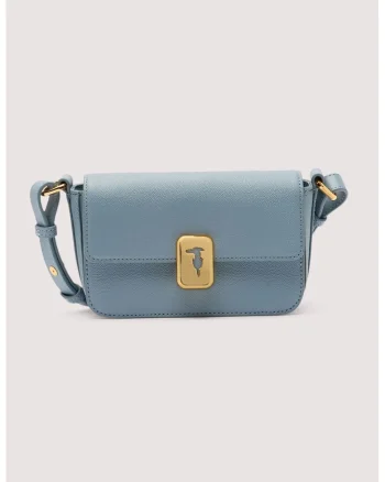 Geanta crossbody din piele cu inchidere cu clapa, Albastru prafuit