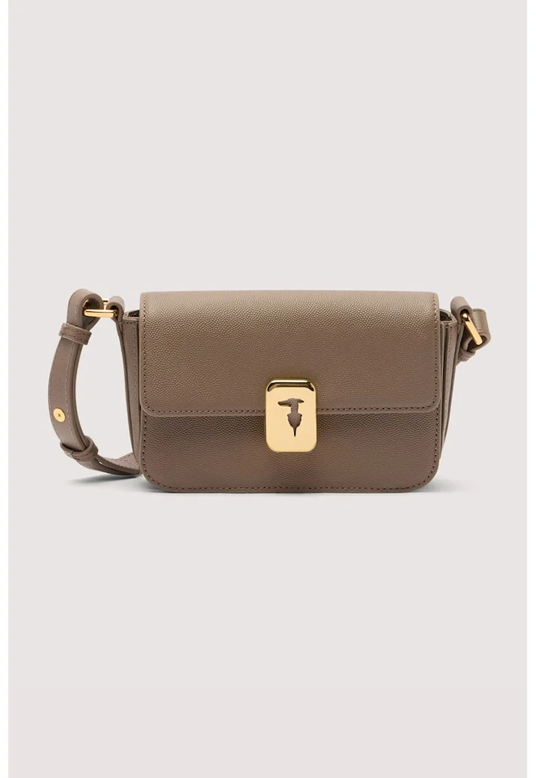 Geanta crossbody din piele cu inchidere cu clapa, Maro pamantiu