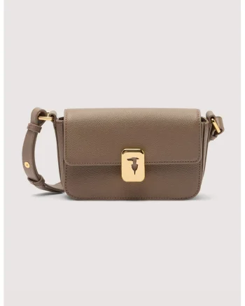 Geanta crossbody din piele cu inchidere cu clapa, Maro pamantiu